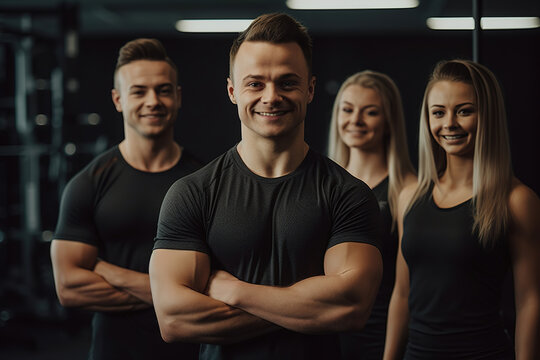 Advertising portrait shot of a personal trainer team standing together in a gym and they look at the camera. Generative AI.