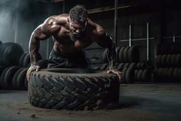 Obraz na płótnie Canvas Bodybuilder flipping heavy tire in gym. Concept strength exercises in the gym. Generative AI