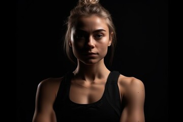 Fototapeta na wymiar Young athletic woman in sportswear poses for the camera against a black background. Generative AI