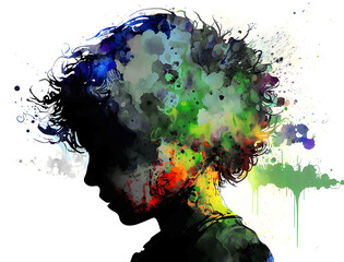 Isolated autistic child ink and watercolor art portrait, person face with color paint splashes, beautiful profile of kid on the spectrum, autism awareness day, neurodiversity, made with AI Generative