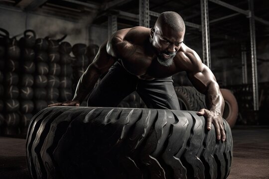 Bodybuilder flipping heavy tire in gym. Concept strength exercises in the gym. Generative AI