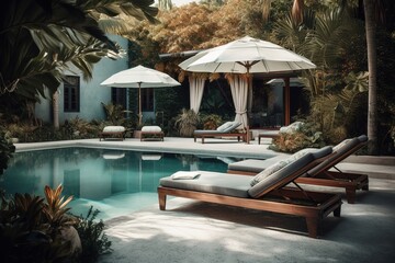 Showcase a luxurious pool area with all the amenities, such as cushy lounge chairs, umbrellas, and a bar with tropical drinks. The image evoke a sense of indulgence and relaxation. Generative AI