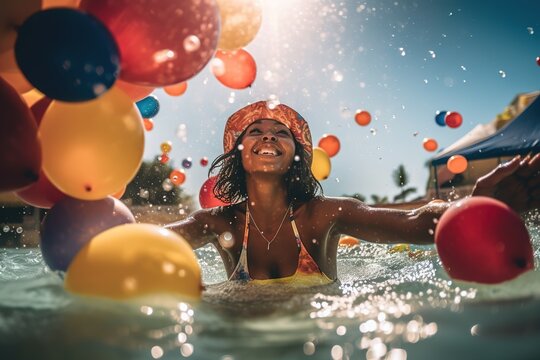 A black woman in a playful, colorful two-piece swimsuit splashes around in the shallow end of a pool, surrounded by inflatable toys and beach balls. The sun is high in the sky. Generative Ai