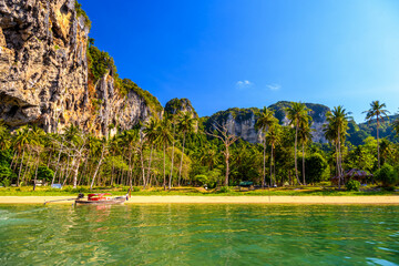 Long tail boat on tropical beach with palms, Tonsai Bay, Railay Beach, Ao Nang, Krabi, Thailand