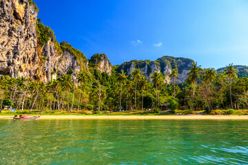Long tail boat on tropical beach with palms, Tonsai Bay, Railay Beach, Ao Nang, Krabi, Thailand
