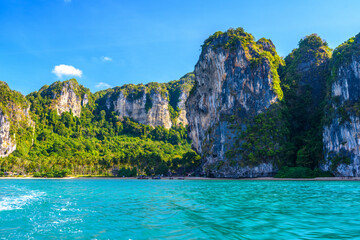 Cliff rocks with azure water in Tonsai Bay, Railay Beach, Ao Nang, Krabi, Thailand