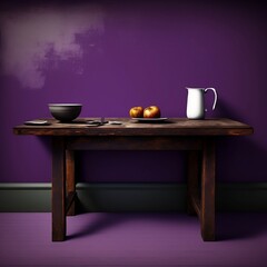 A rustic wooden farm table against a deep purple wall, with a plain white background