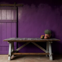A rustic wooden farm table against a deep purple wall, with a plain white background.