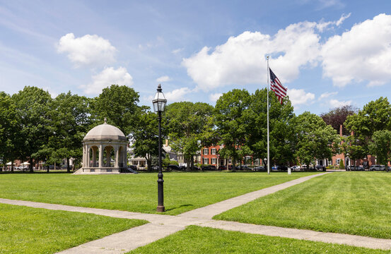 Historic Salem Commons Park town green walkway  in Summer 