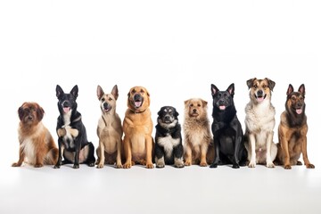 Group of mixed breed dogs sitting in a row on white background. Domestic Animal Banner concept. Generative AI