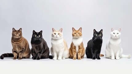 Group of mixed breed cats sitting in a row on white background. Domestic Animal Banner concept. Generative AI - obrazy, fototapety, plakaty