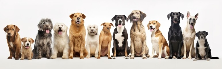 Group of mixed breed dogs sitting in a row on white background. Domestic Animal Banner concept. Generative AI - obrazy, fototapety, plakaty