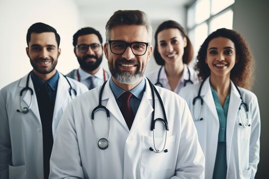 Advertising portrait shot of a doctor team standing together in a hospital and they look at the camera. Generative AI.