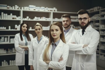 Fototapeta premium Advertising Portrait shot of a team of pharmacists standing together in a pharmacy and smiling at the camera. Generative AI