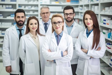 Advertising Portrait shot of a team of pharmacists standing together in a pharmacy and smiling at the camera. Generative AI - obrazy, fototapety, plakaty