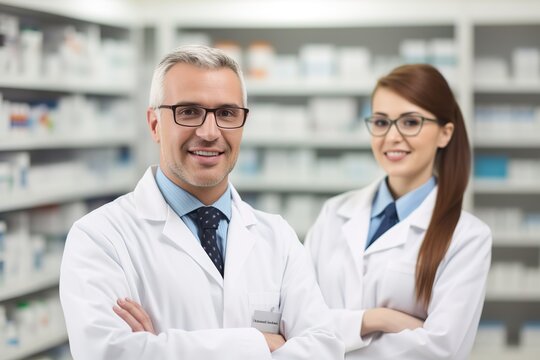 Advertising Portrait shot of a team of pharmacists standing together in a pharmacy and smiling at the camera. Generative AI