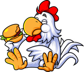 a cute rooster eats a big delicious hamburger