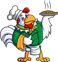 a rooster working as a professional chef is carrying a plate of fresh grilled fish
