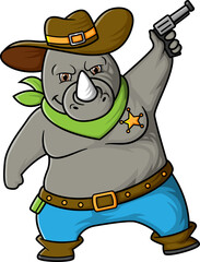 a strong and big rhino wearing a cowboy costume and serving as an enforcer of justice
