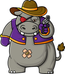 a big and strong hippopotamus wearing a cowboy hat playing the role of a villain