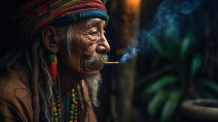 Fototapeta na wymiar Elderly hippie smokes created with generative AI technology
