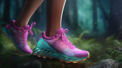 A woman runs in rainy weather, focus on trail running shoes created with generative AI technology