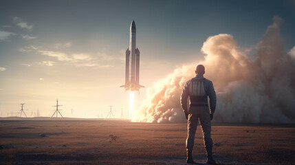 Man wishes good luck to astronauts flying into space, waves his hand to taking off rocket created with generative AI technology