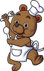 cute baby bear cartoon character wearing chef clothes carrying spoon and fork dancing