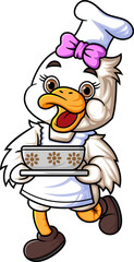 cute baby duck cartoon character wearing chef clothes and carrying big hot bowl of soup