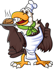 a strong eagle cartoon character who works as a chef and wears a hat is posing for a thumbs up and brings grilled chicken food on a plate