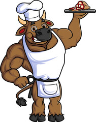 character of a big bull working as a professional chef carrying a plate of grilled chicken