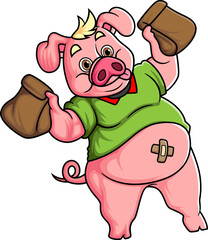 character a fat pig holding two food parcels