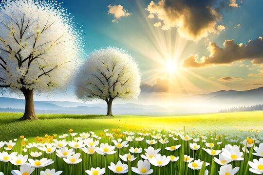 Sunny Easter Morning White Flowers and Yellow Butterflies in Forest Meadow