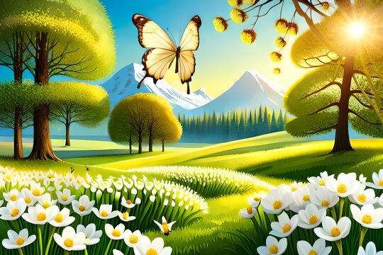 Sunny Easter Morning White Flowers and Yellow Butterflies in Forest Meadow