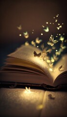 Fantasy Open Book with Magical Butterfly Sprout - AI Generated Illustration