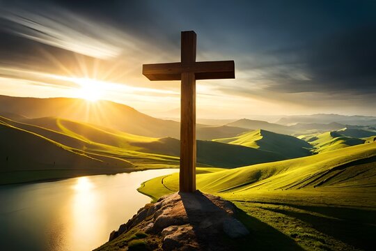 Resurrection: Three Crosses on Mountain in Sunlight