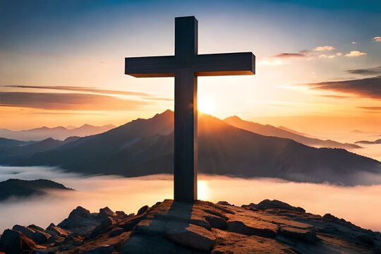 Resurrection: Three Crosses on Mountain in Sunlight