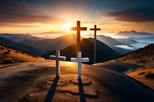 Resurrection: Three Crosses on Mountain in Sunlight