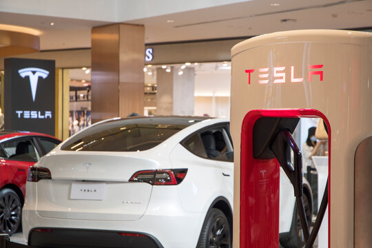 Tesla electric cars display on the showroom in the shopping mall, Bangkok