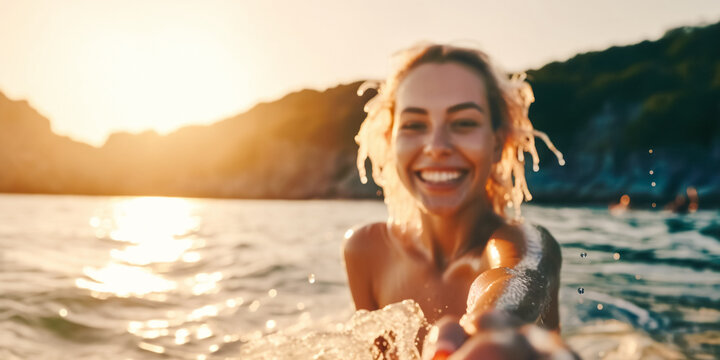 Beautiful young woman splashes water and takes a selfie in the sea with blue sea sunset view on summer vacation. Healthy lifestyle happiness, digital ai art