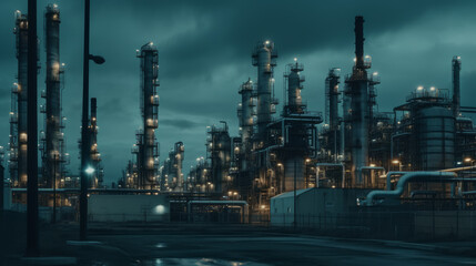 Obraz na płótnie Canvas Industrial complex and oil refinery with smokestacks. Al generated