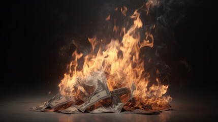Fototapeta premium A hundred dollar bill in American US currency is on fire. AI generated