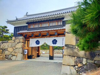 日本の香川県の観光地、国指定史跡・重要文化財玉藻公園（高松城跡）の桜御門後の風景（コピースペースあり）