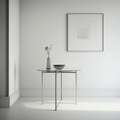 A minimalist glass table against a neutral beige wall, with a plain light gray background.