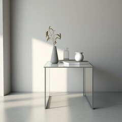 A minimalist glass table against a neutral beige wall, with a plain light gray background.
