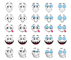 Cartoon giggle face and blink eye animation of emoji icon or emoticons, vector characters. Giggle face animated spread sheet of emoji with blinking eye or winking and laughing smile with funny face