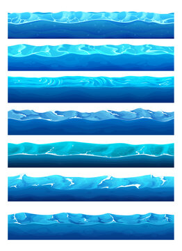 Cartoon game water surface with river, ocean or sea and lake waves, vector backgrounds. Marine game UI blue water waves pattern for level platform with sea and ocean wavy ripple and storm tide waves