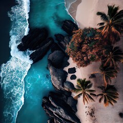 Aerial shot of a tropical beach with beautiful sandy beaches, palm trees, and waves crashing into the rocks. This is a generative ai picture.