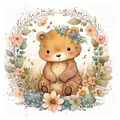 Cute bear in watercolor styles created with generative Ai technology