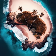 Aerial shot of a tropical beach with beautiful sandy beaches, palm trees, and waves crashing into the rocks. This is a generative ai picture.